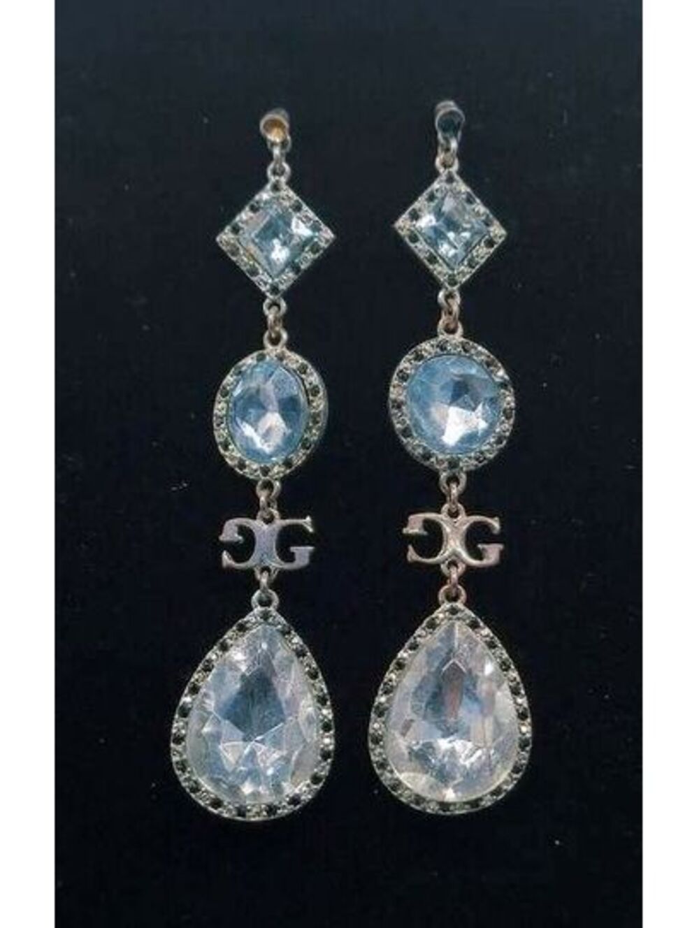 Guess Silver Tone Triple Drop Crystal Logo Earrings